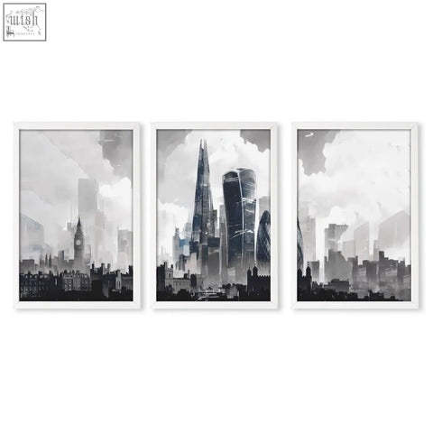 Set of three black and white london artwork city skyline art prints in minimalist white frames ideal for wall art