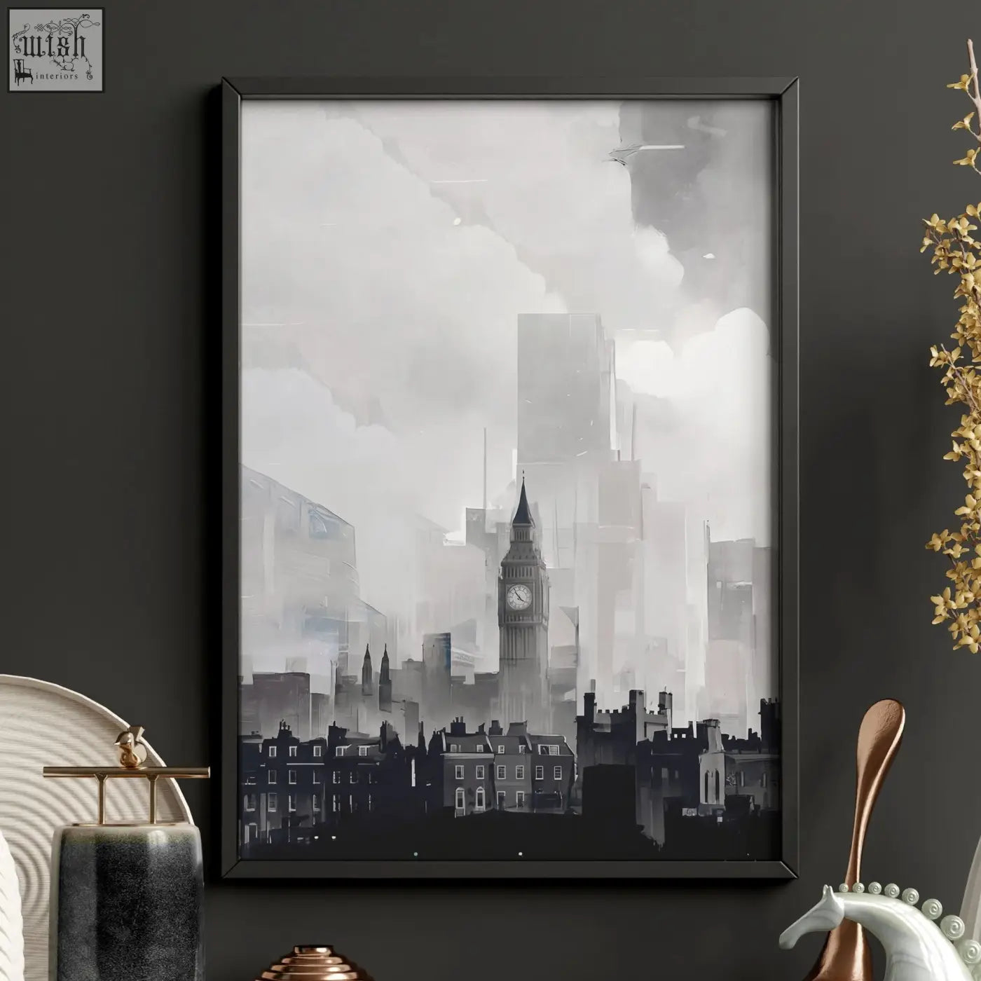 Black-framed london artwork featuring misty monochrome cityscape with big ben wall art prints set of 3