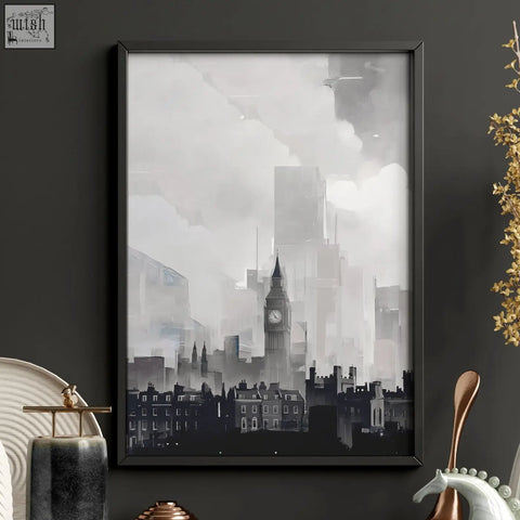 Black-framed london artwork featuring misty monochrome cityscape with big ben wall art prints set of 3