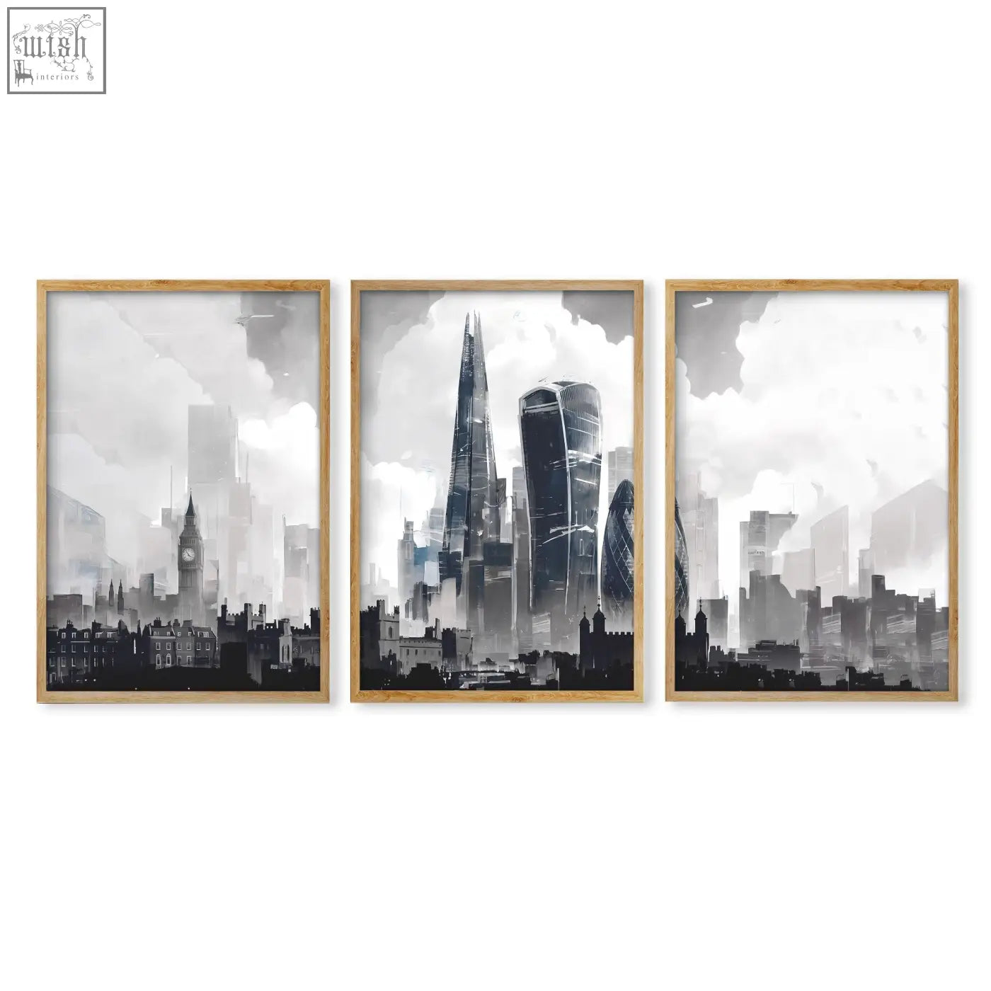 Set of 3 london artwork wall art prints featuring black and white cityscape in light wood frames