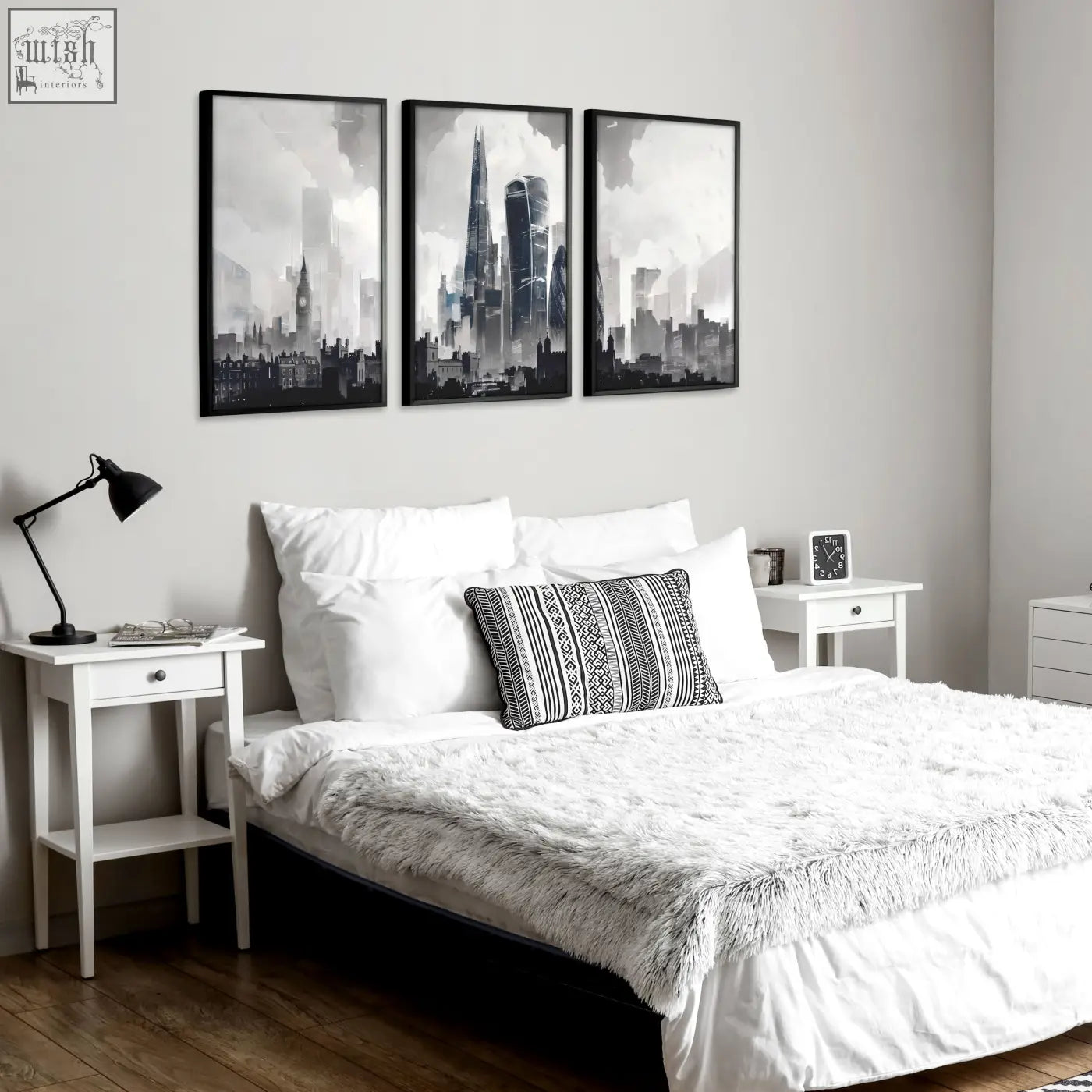 Black-framed london artwork triptych wall art featuring monochrome skyscraper silhouettes cityscape art prints