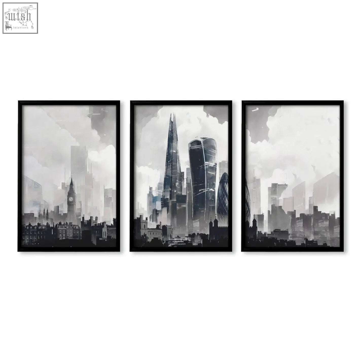 Set of three black-framed london artwork city skyline art prints with monochrome misty skies wall art decor