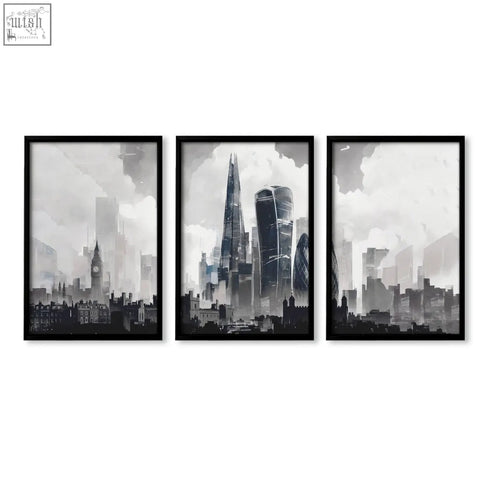 Set of three black-framed london artwork city skyline art prints with monochrome misty skies wall art decor