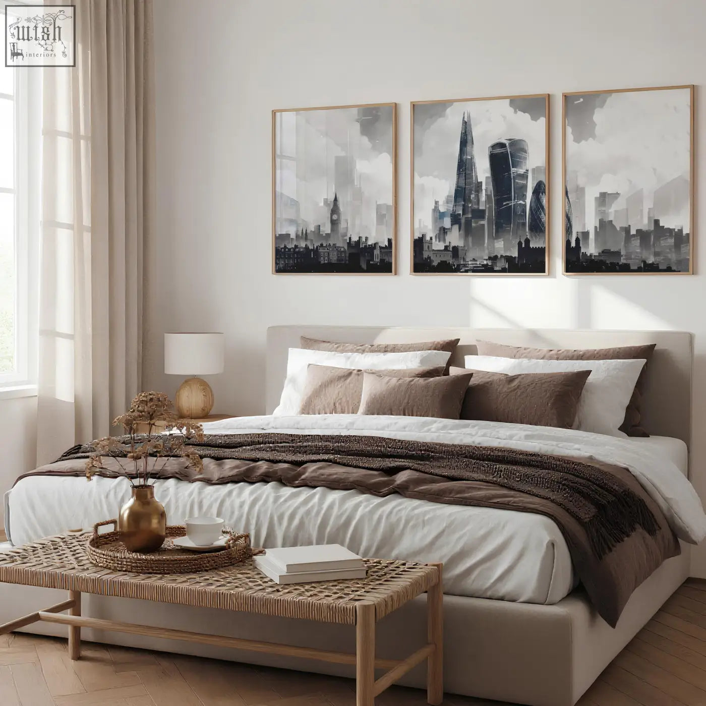 Beige upholstered bed with layered pillows and brown throw blanket below london artwork city skyline monochrome art prints wall art