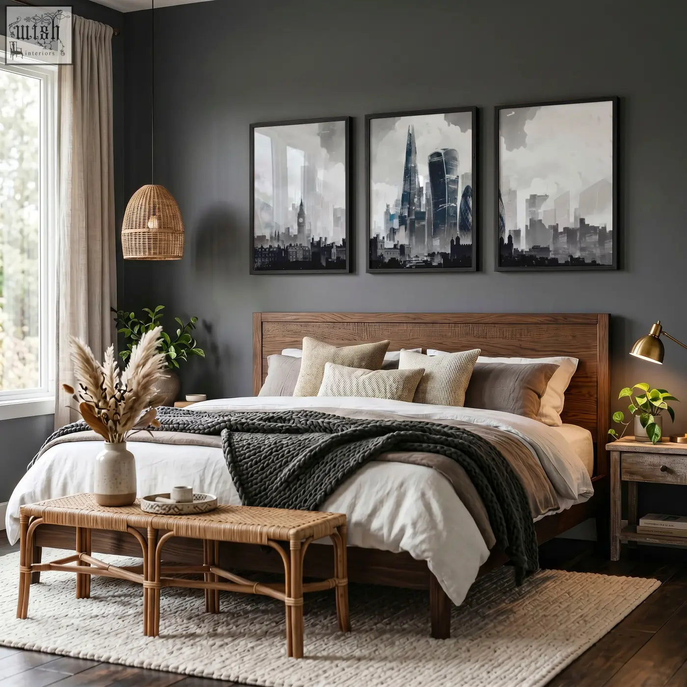 Wooden bed with dark brown finish and beige gray pillows paired with london artwork city skyline wall art prints