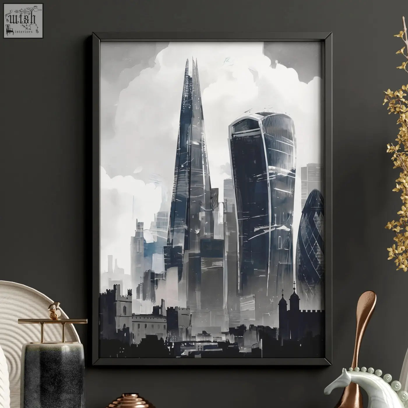 Black-framed london artwork featuring a stylized monochrome cityscape modern skyscrapers wall art prints set of 3