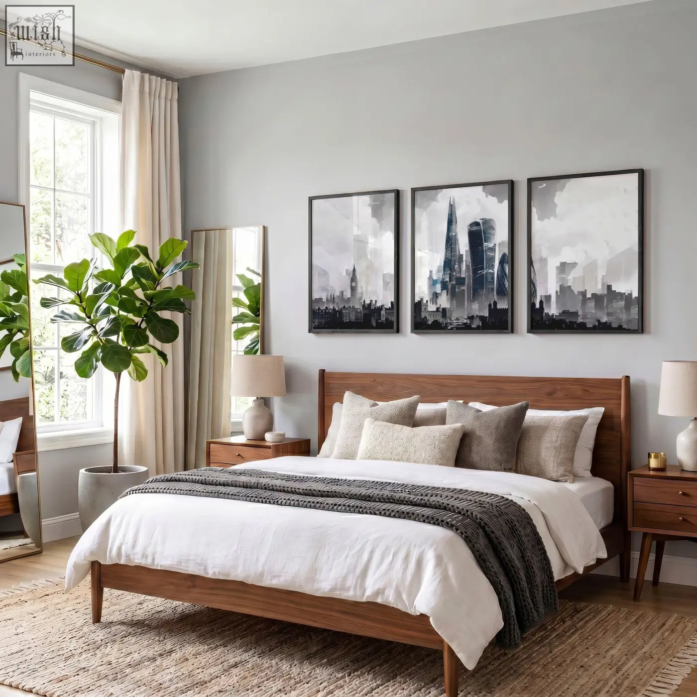 Wooden bed with natural finish solid wood frame and matching nightstands below london artwork city skyline wall art prints
