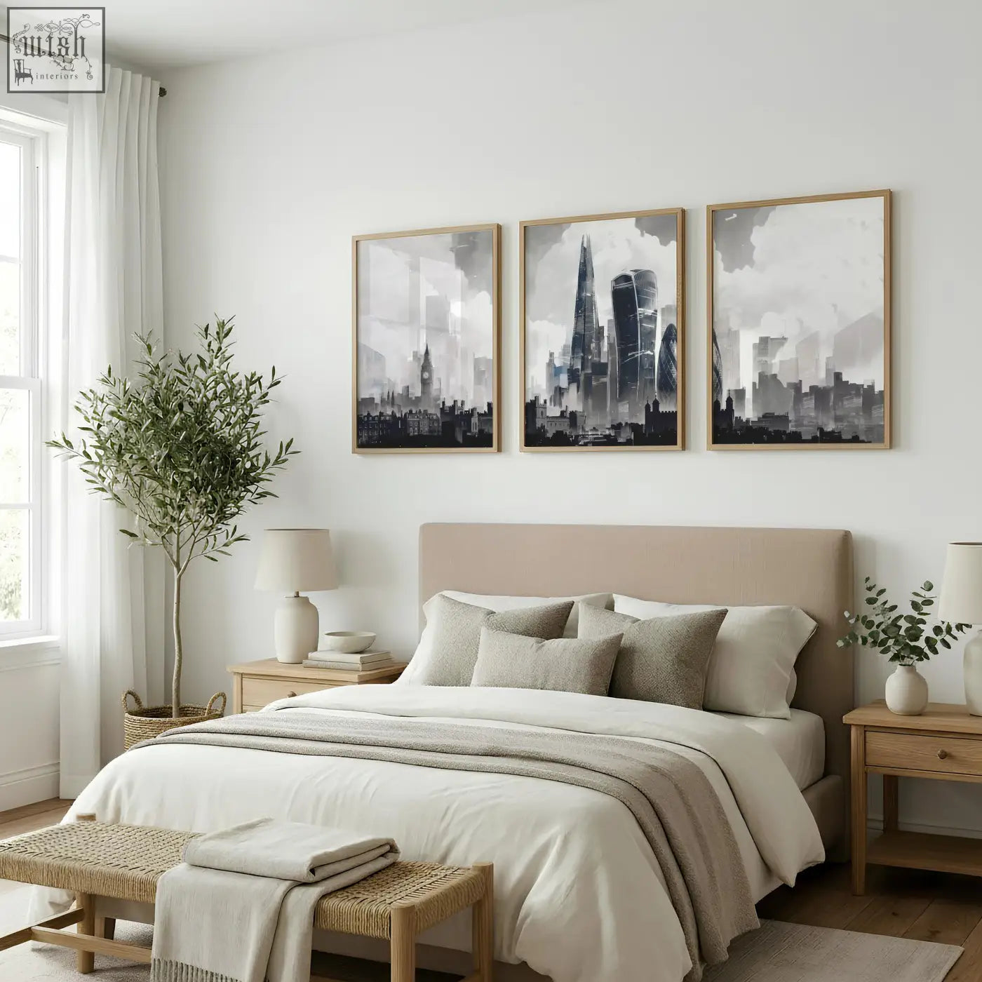 Beige upholstered bed with matching pillows and neutral duvet below london artwork city skyline monochrome wall art prints set of 3