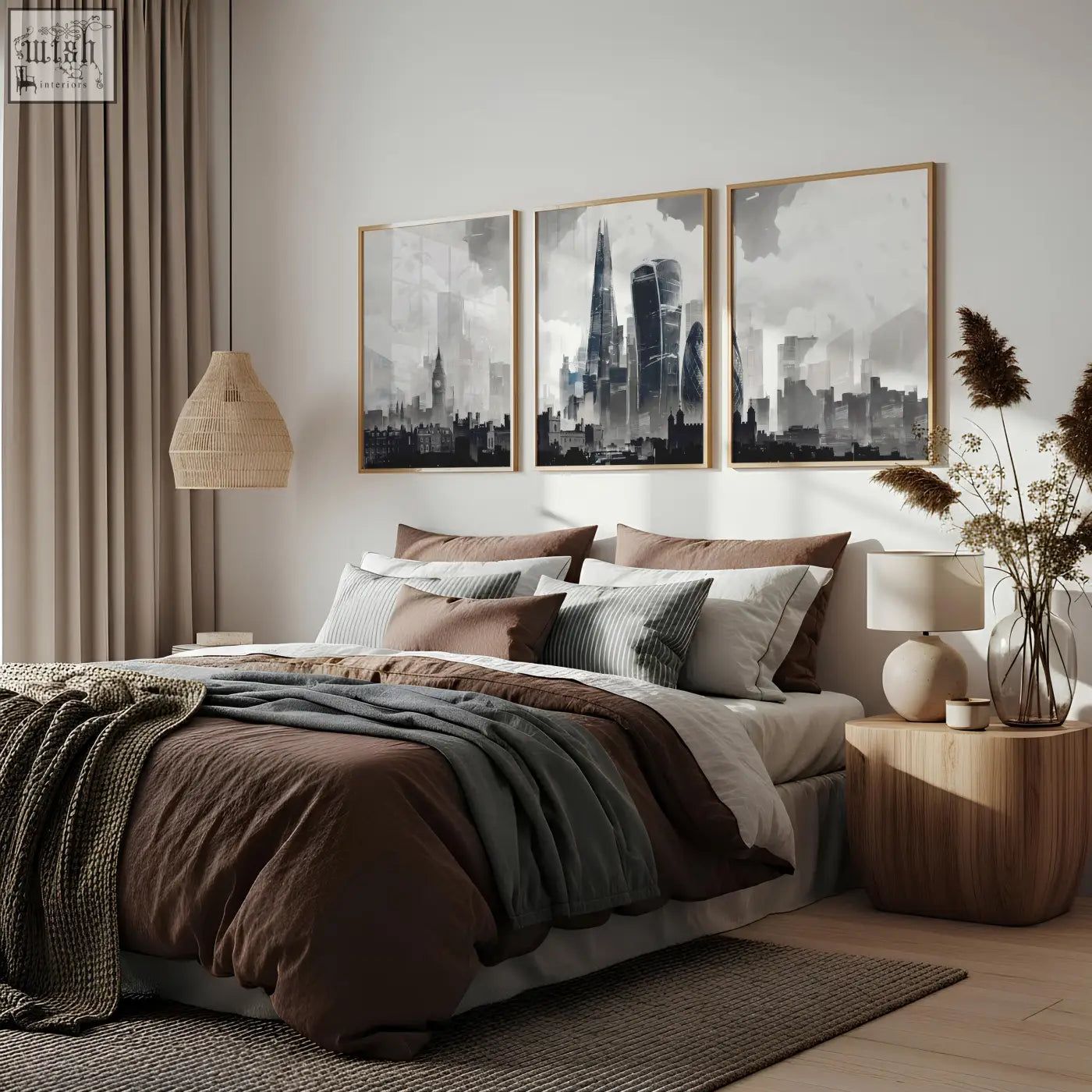 Set of three london artwork black and white cityscape art prints with thin wooden frames as wall art above bed