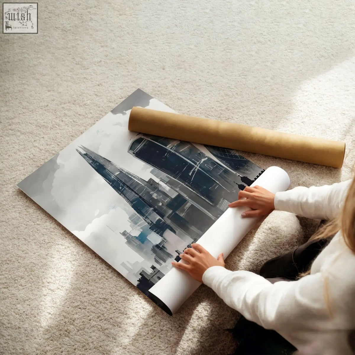 A large unrolled london artwork poster featuring a monochrome cityscape with subtle blue accents wall art print
