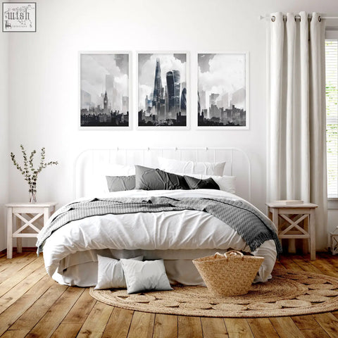 Woven natural fiber basket with handle next to london artwork monochrome art prints for wall art decor set of 3