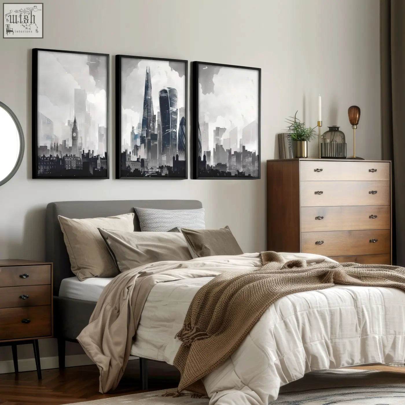 Set of three black-framed london artwork art prints featuring monochrome city skyline wall art designs