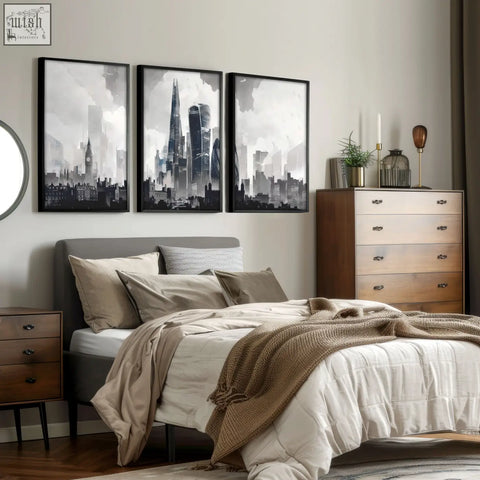 Set of three black-framed london artwork art prints featuring monochrome city skyline wall art designs