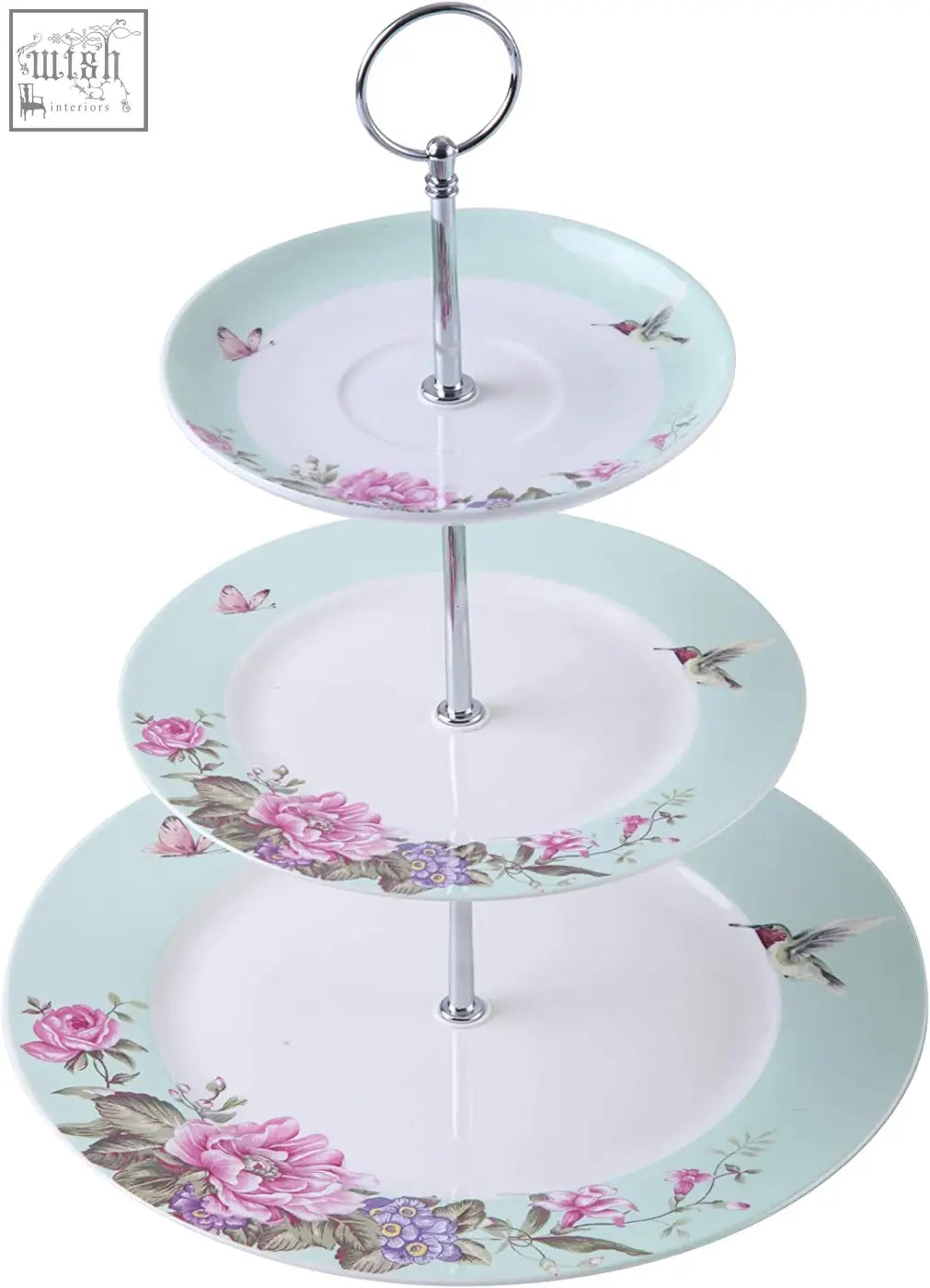 Three tiered porcelain cake stand by london boutique with pink floral, hummingbird, butterfly patterns and mint rim