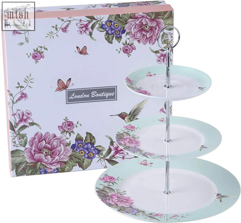 London boutique tiered cake stands with mint porcelain plates featuring bird rose and butterfly designs in silver frame