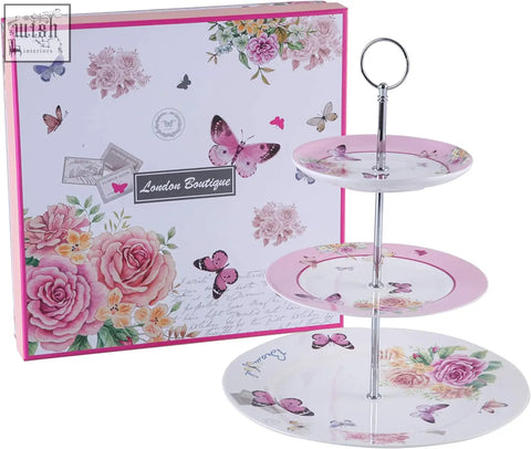 Three-tiered porcelain cake stand with pink floral butterfly design and silver frame by london boutique perfect for afternoon tea