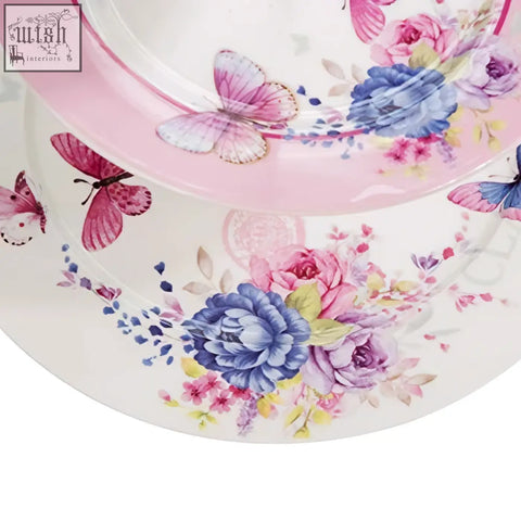 Pink and white porcelain tiered cake stands with butterfly floral patterns by london boutique in gift box