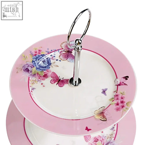 Pink and white floral tiered cake stand with butterfly motifs and chrome support from london boutique porcelain shabby chic set