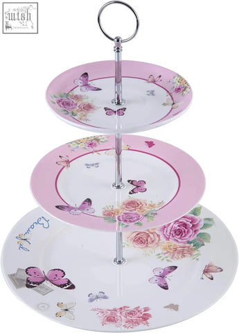 Pink and white ceramic london boutique tiered cake stands with floral butterfly design and silver handle in gift box