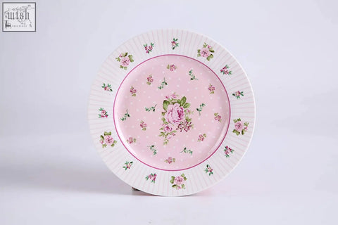 Pink floral-patterned wide rimmed porcelain cake plate with rose pink design from london boutique gift box set