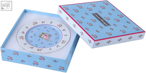 Delicate wide rimmed rose blue ceramic cake plate with pink roses on polka dots in a gift box
