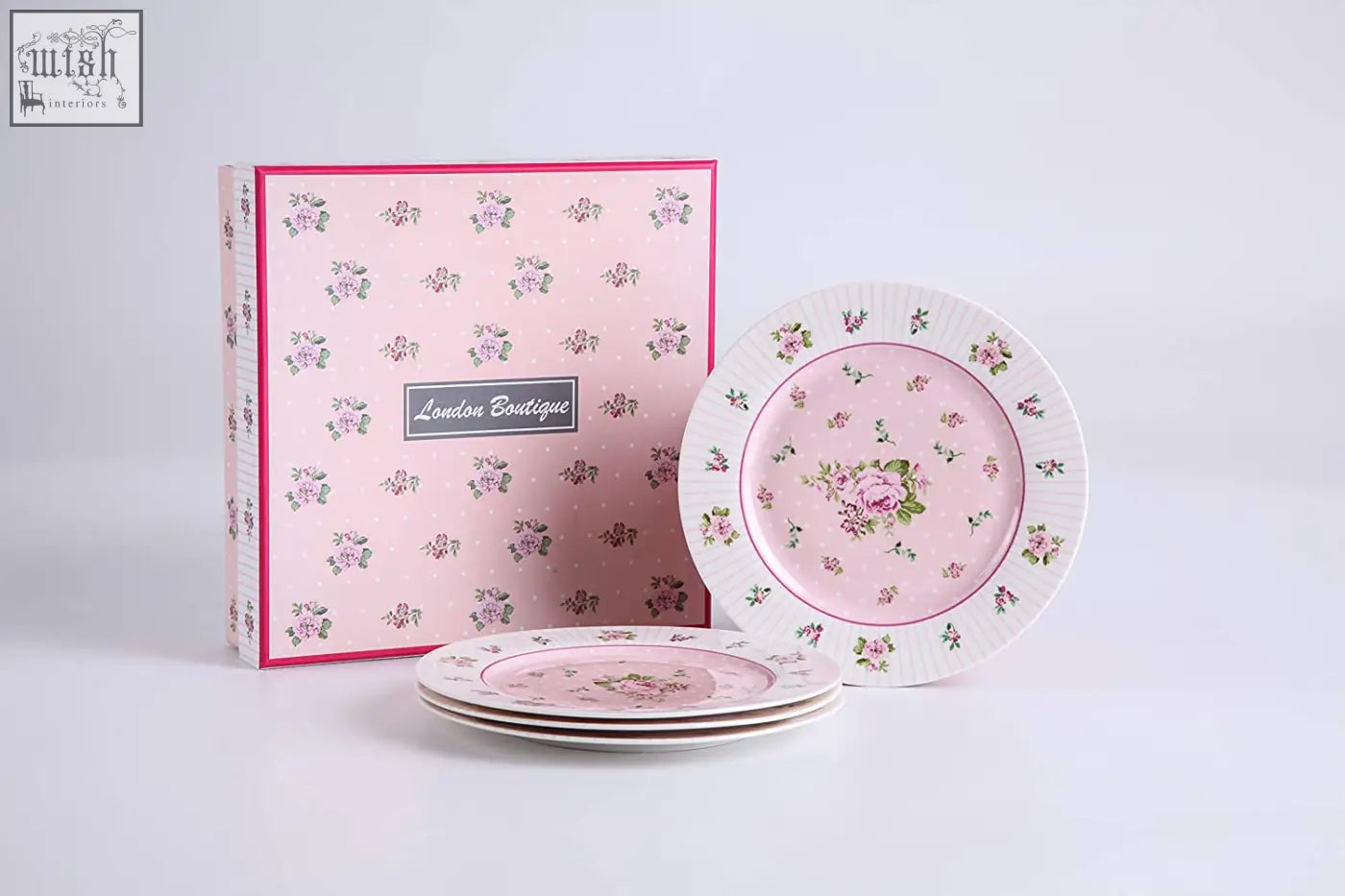 Pink floral patterned wide rimmed cake plates in rose pink porcelain fine china gift box london boutique set
