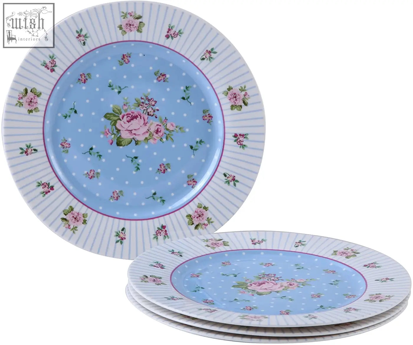 Set of four wide rimmed rose blue porcelain cake plates with pink floral patterns and white polka dots gift box included