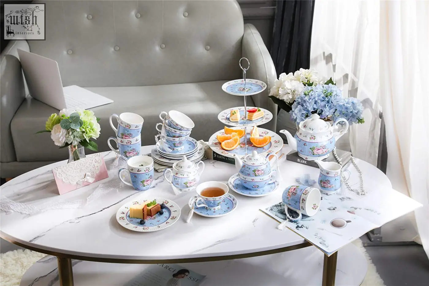 Blue and white porcelain wide rimmed tea set with rose blue floral patterns in a gift box for shabby chic style