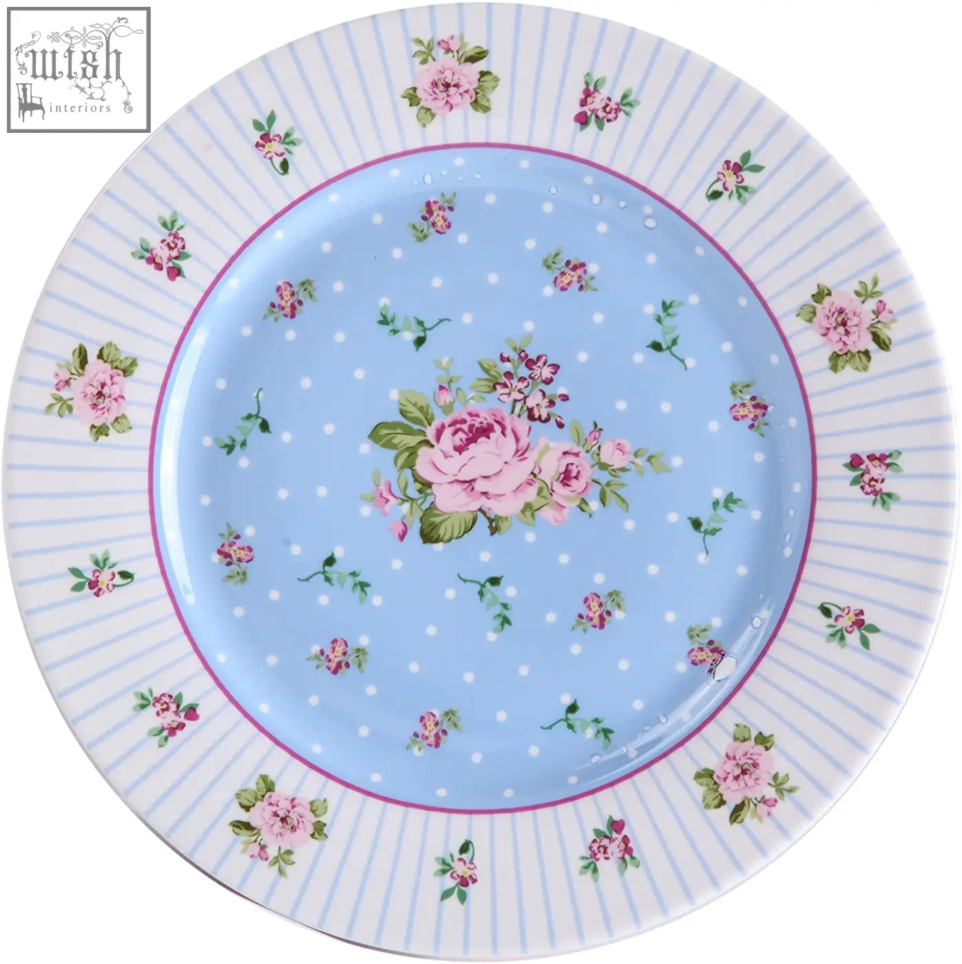 A delicate rose blue wide rimmed porcelain cake plate with floral design perfect for gifting in a gift box