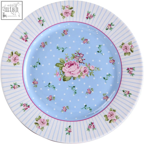 A delicate rose blue wide rimmed porcelain cake plate with floral design perfect for gifting in a gift box