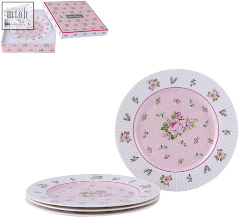 Pink floral patterned porcelain cake plates with wide rimmed rose pink design ideal for gift box set