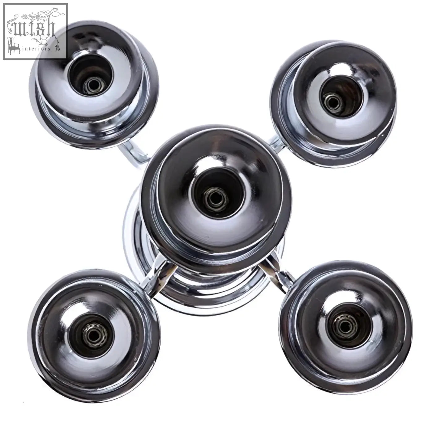Chrome finished fidget spinner with four rounded ends and a hub shown alongside london boutique solid brass arms candelabra