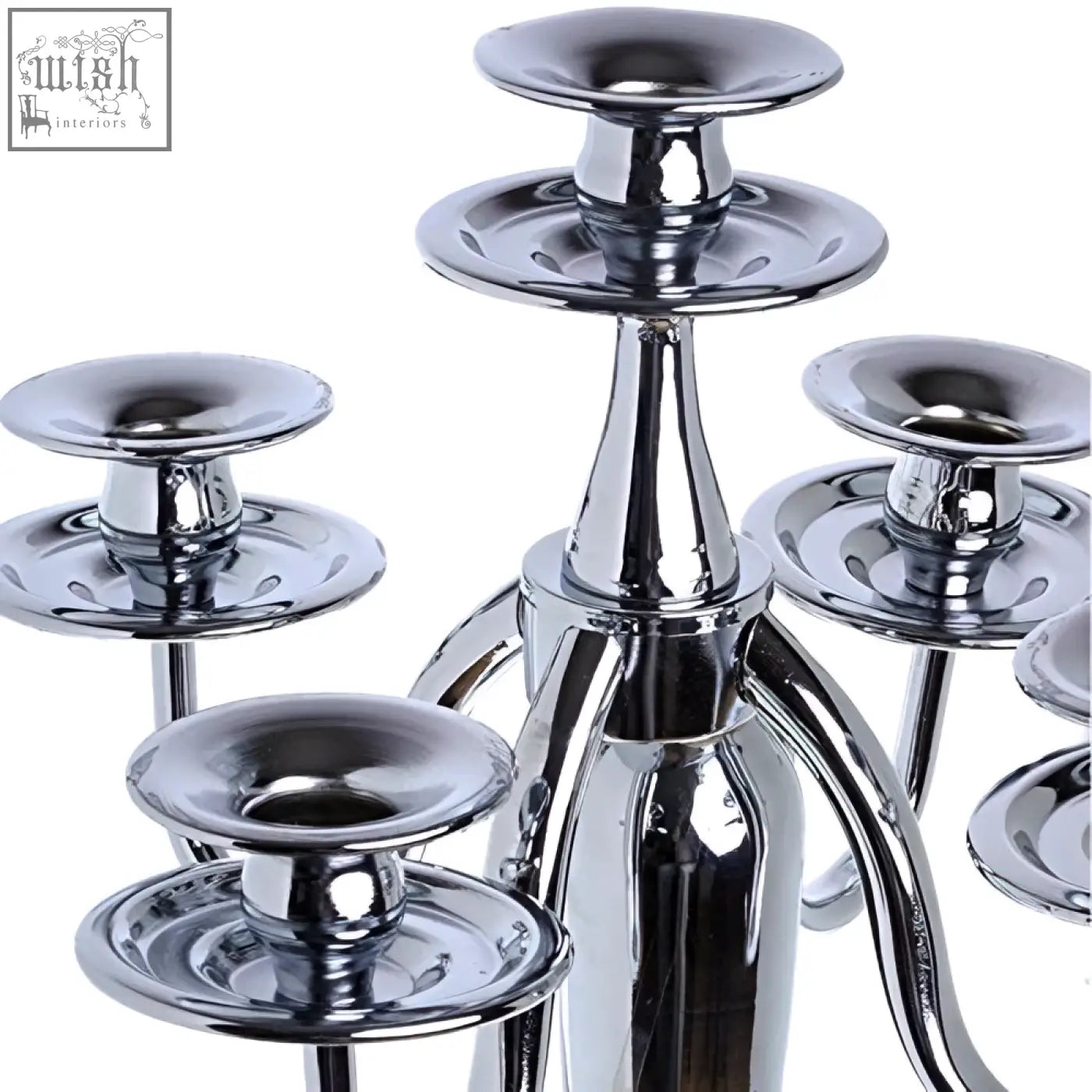 Chrome-finished london boutique solid brass arms candelabra with five ornate tiered arms and reflective circular bases