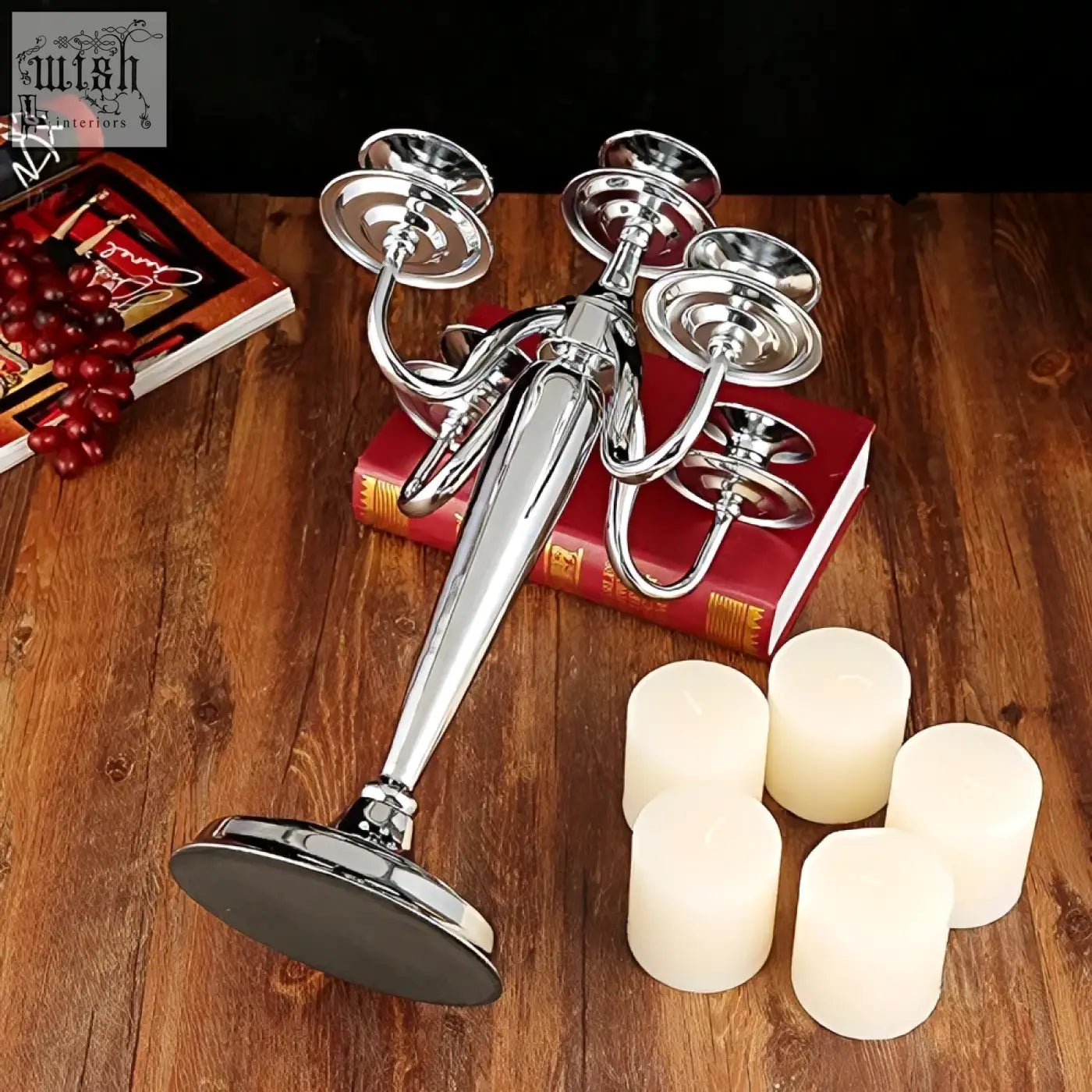 Shiny chrome-finished five arms candelabra solid brass london boutique centerpiece for weddings and birthdays