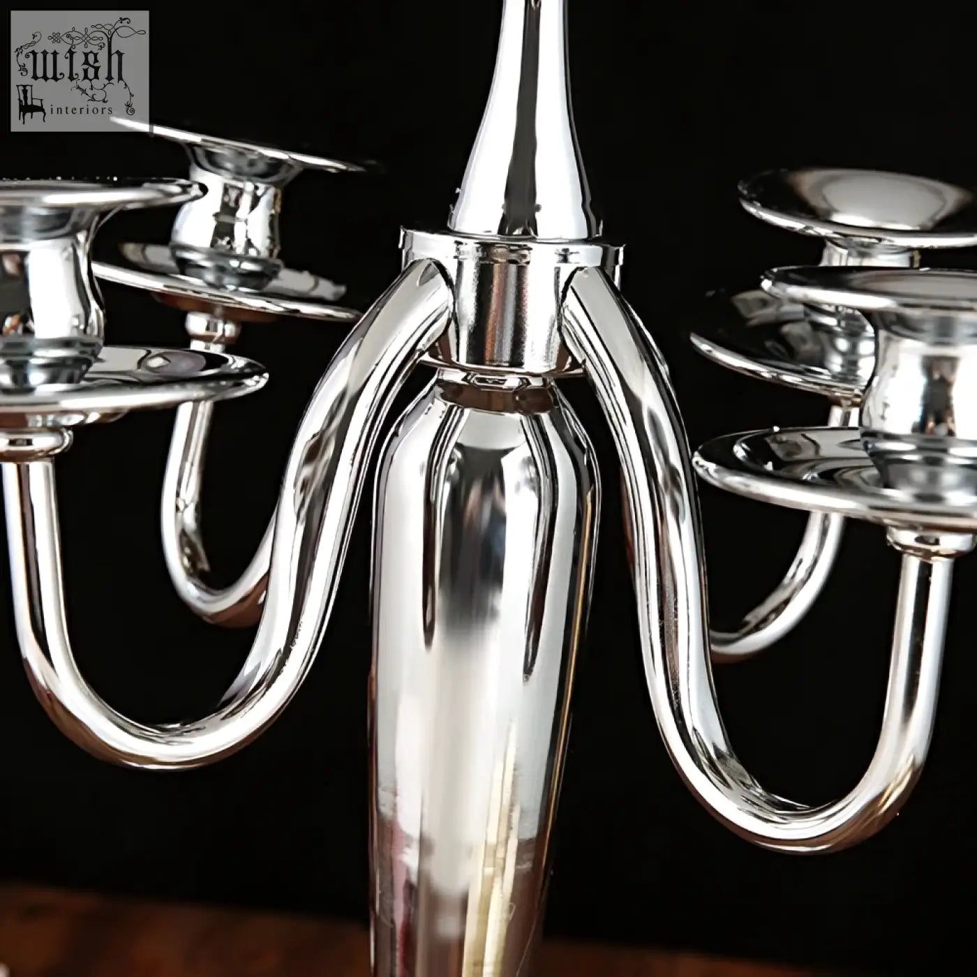 Silver solid brass london boutique arms candelabra with five curved arms and reflective metallic finish centerpiece