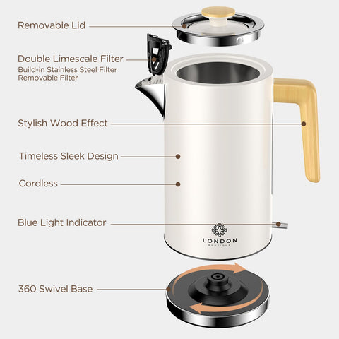 Cream-colored london boutique electric kettle with wooden-effect handle and stainless steel accents for fast boil
