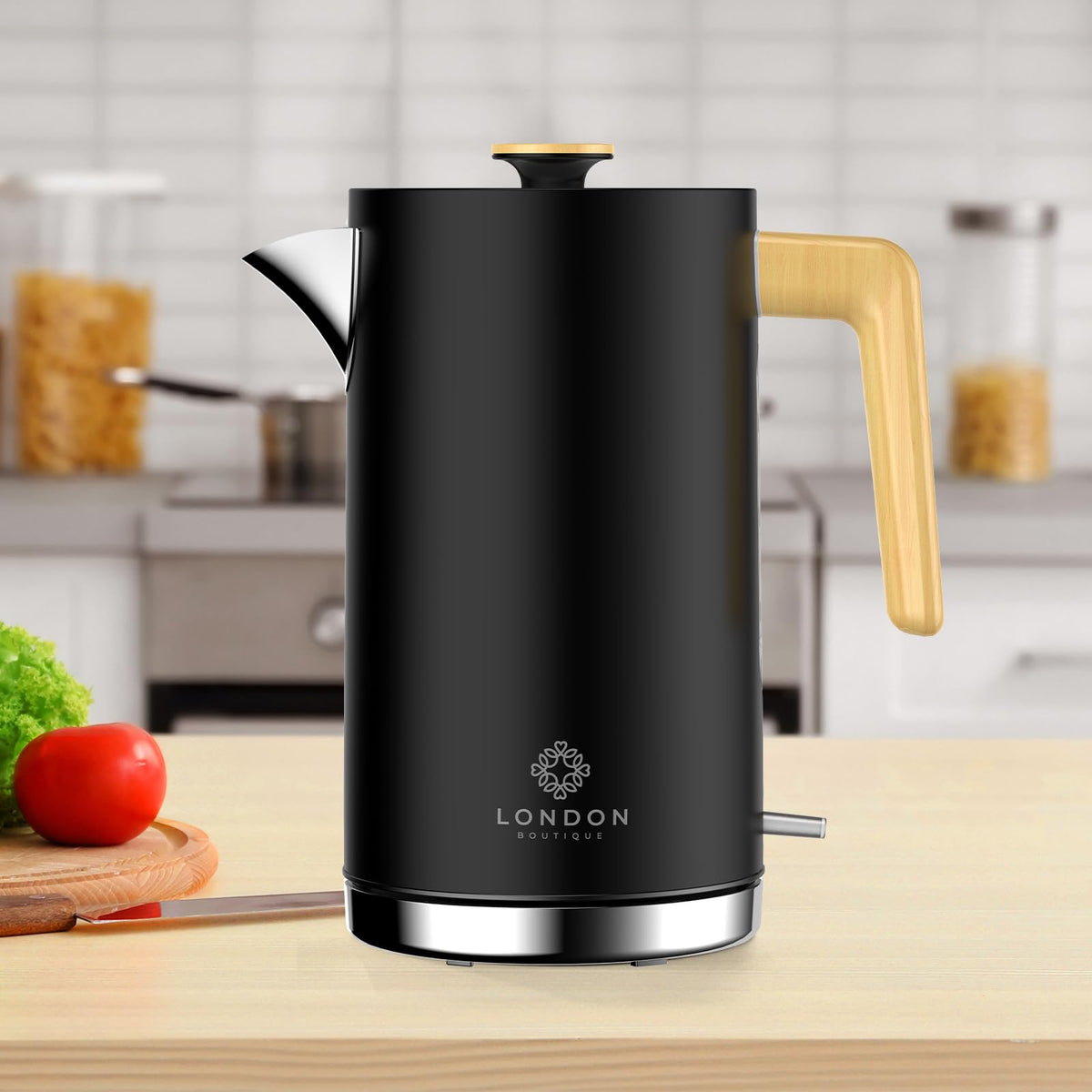 Black london boutique electric kettle with matte finish gold handle stainless steel spout and cordless fast boil design