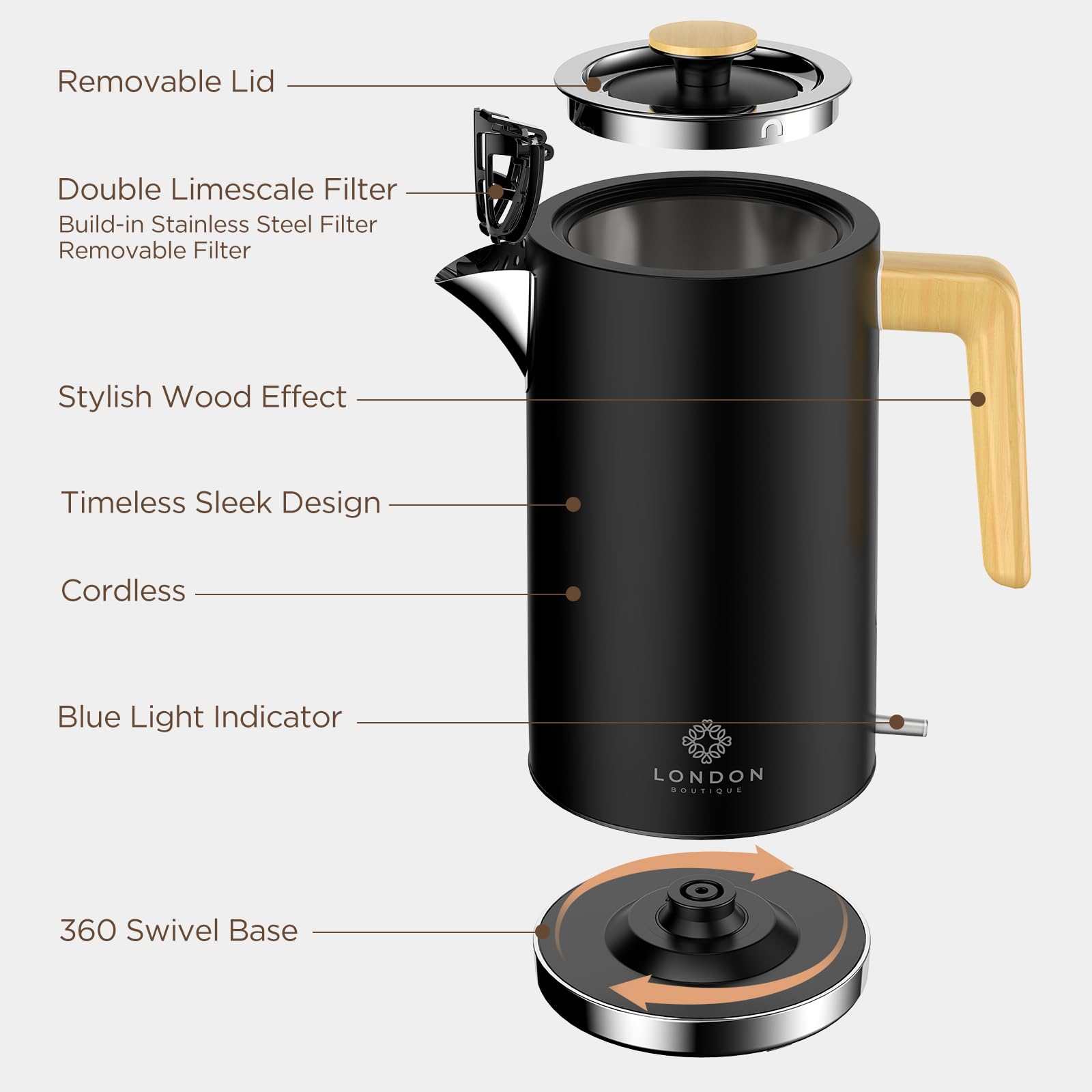 Black london boutique electric kettle with wood effect handle, stainless steel filter, cordless fast boil electric kettle