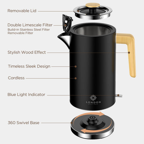 Black london boutique electric kettle with wood effect handle, stainless steel filter, cordless fast boil electric kettle