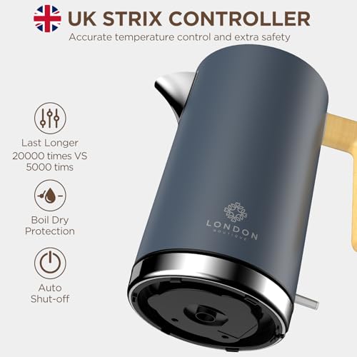 Dark gray london boutique electric kettle with stainless steel body and yellow handle cordless fast boil electric kettle