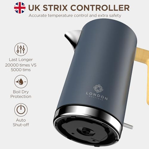 Dark gray london boutique electric kettle with stainless steel body and yellow handle cordless fast boil electric kettle