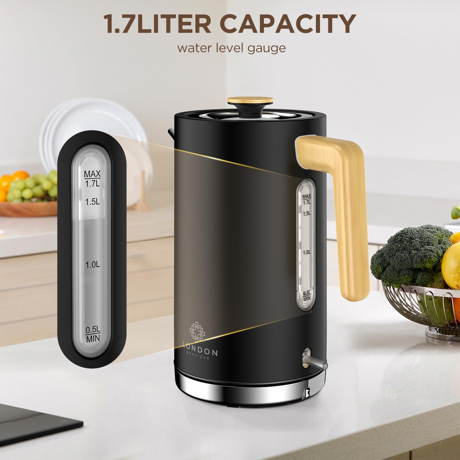 Black london boutique electric stainless steel kettle with gold handle 1.7 liter water gauge and fast boil feature