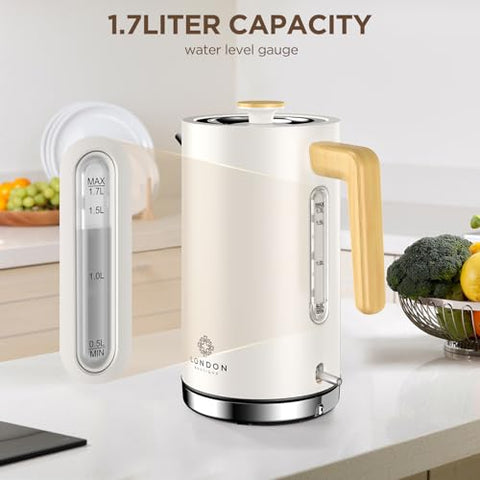Cream electric kettle with gold handle stainless steel base and 1.7 liter gauge london boutique electric kettle