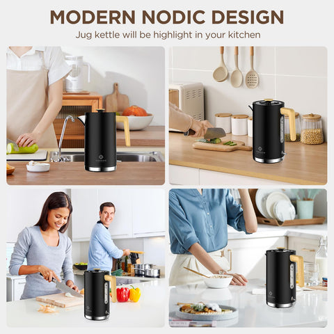 Black stainless steel london boutique electric kettle with wooden handle and silver base featuring modern design