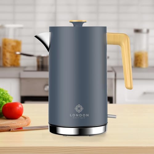 Gray london boutique electric kettle with wooden handle and stainless steel base for fast boil cordless use