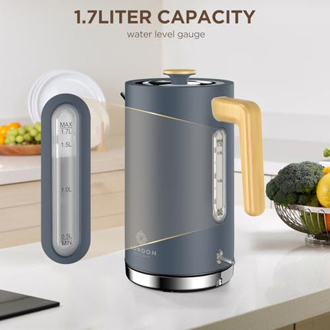 Gray and gold london boutique electric kettle with stainless steel base and transparent water gauge cordless fast boil