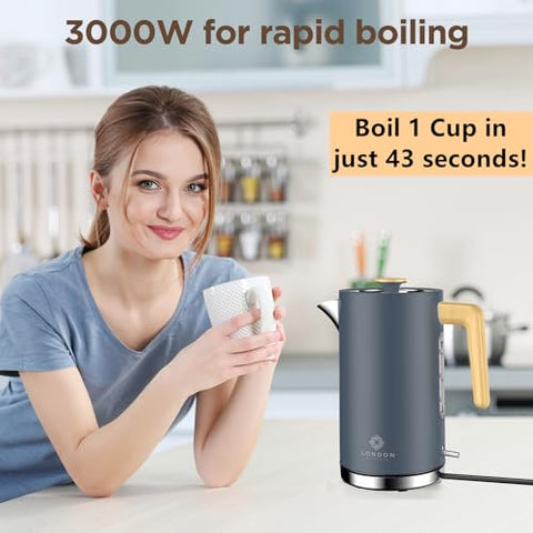 Dark gray stainless steel electric kettle with gold handle from london boutique electric fast boil cordless design