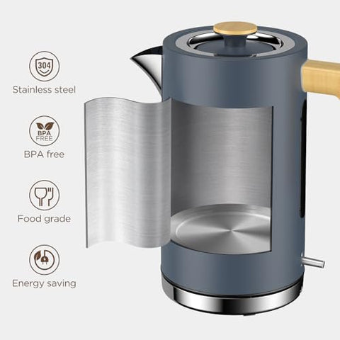 Modern london boutique electric kettle in sleek gray with stainless steel and glass water level for fast boiling
