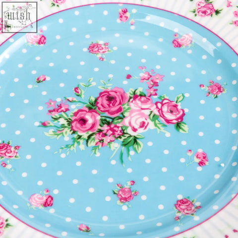 A set of 4 london boutique dessert plates in rose blue ceramic with pink roses and white polka dots design