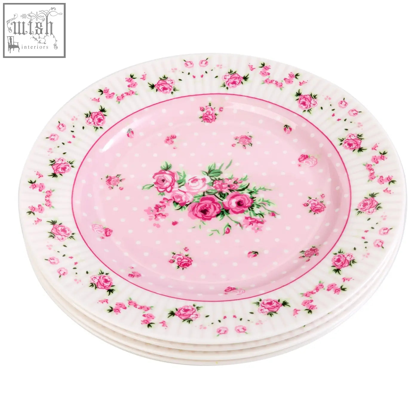Stack of london boutique rose pink dessert plates with delicate floral rose patterns and 7 inch rimmed design